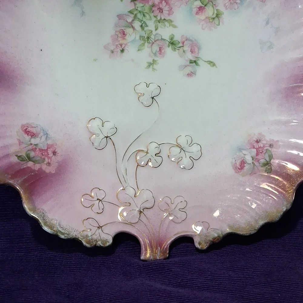 Antique MZ Austria Plate Porcelain Pink Roses Gilt Clovers Dish - Picture 5 of 12